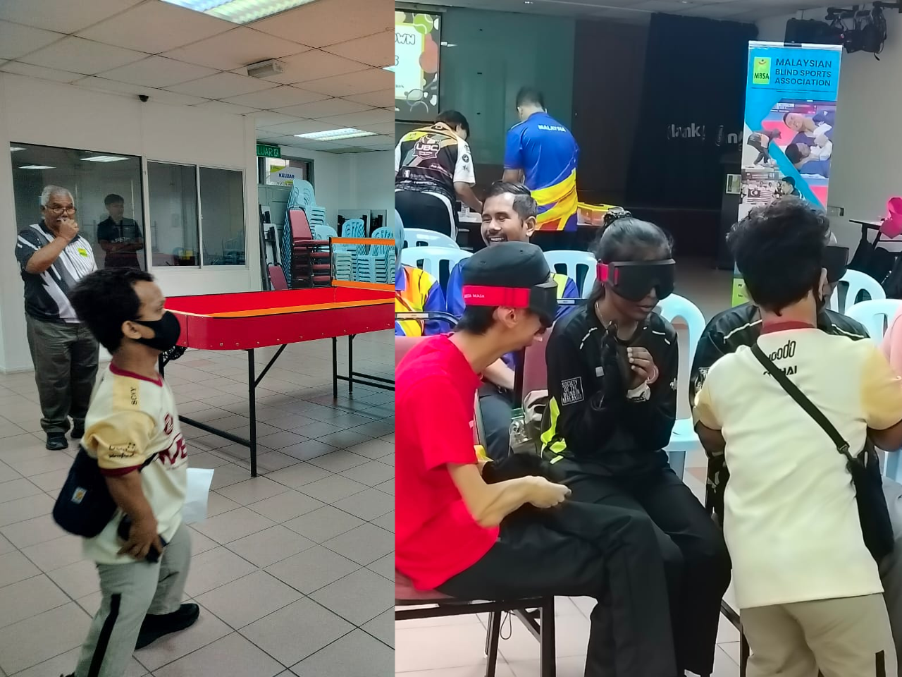 A group of people are playing a game in a room. There are two tables, one with a red tablecloth and the other with a blue one. A man is holding a Nintendo Wii controller, and a boy is wearing a face mask. There are chairs around the tables, and a dining table is also present in the room.

AI generated content