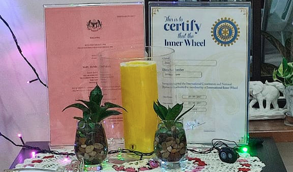 A black table with two small pineapples, a yellow cylindrical object, a certificate, and a pink folder on a white lace doily, with a potted plant underneath the table.
Description generated by AI
