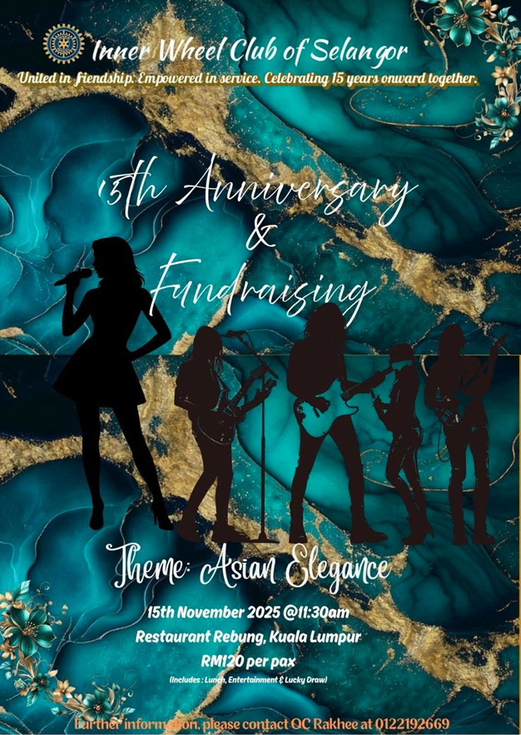 A flyer advertising a 15th anniversary fundraising event for the Wheel Club of Selangor.

AI generated content