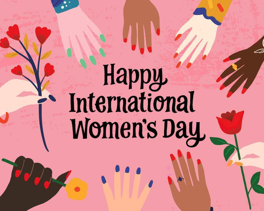Several diverse hands with colorful nail polish and bracelets surround the text "Happy International Women's Day" on a pink background, with some hands holding flowers.

Description generated by AI