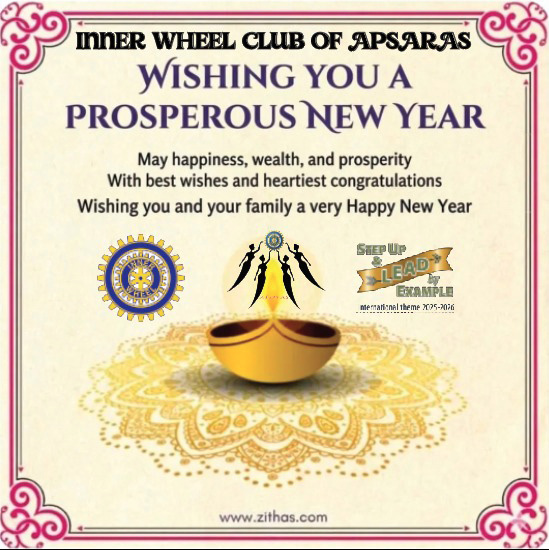 A festive greeting from the Inner Wheel Club of Apsaras wishing a prosperous New Year with a decorative lamp and intricate mandala design.
Description generated by AI