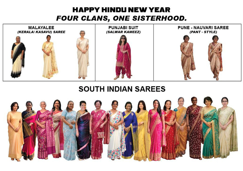 A group of people dressed in various traditional South Indian sarees and a smaller section showing different styles of sarees including Malayalee, Punjabi, and Pune Nauvari sarees, celebrating Hindu New Year with the theme "Four Clans, One Sisterhood."
Description generated by AI