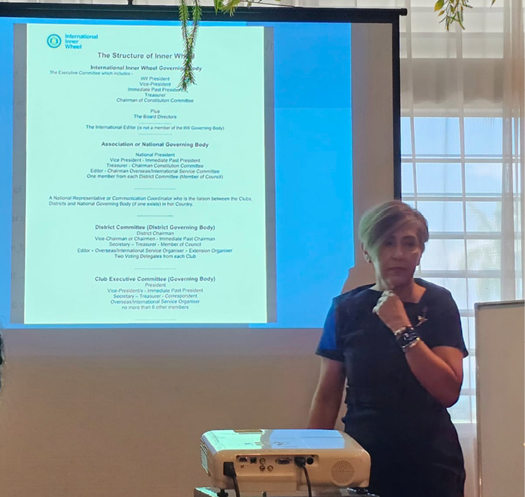 A person in dark clothing stands near a projector displaying a slide titled "The Structure of Inner Wheel" with organizational roles and text in a room with large windows and hanging greenery.
Description generated by AI