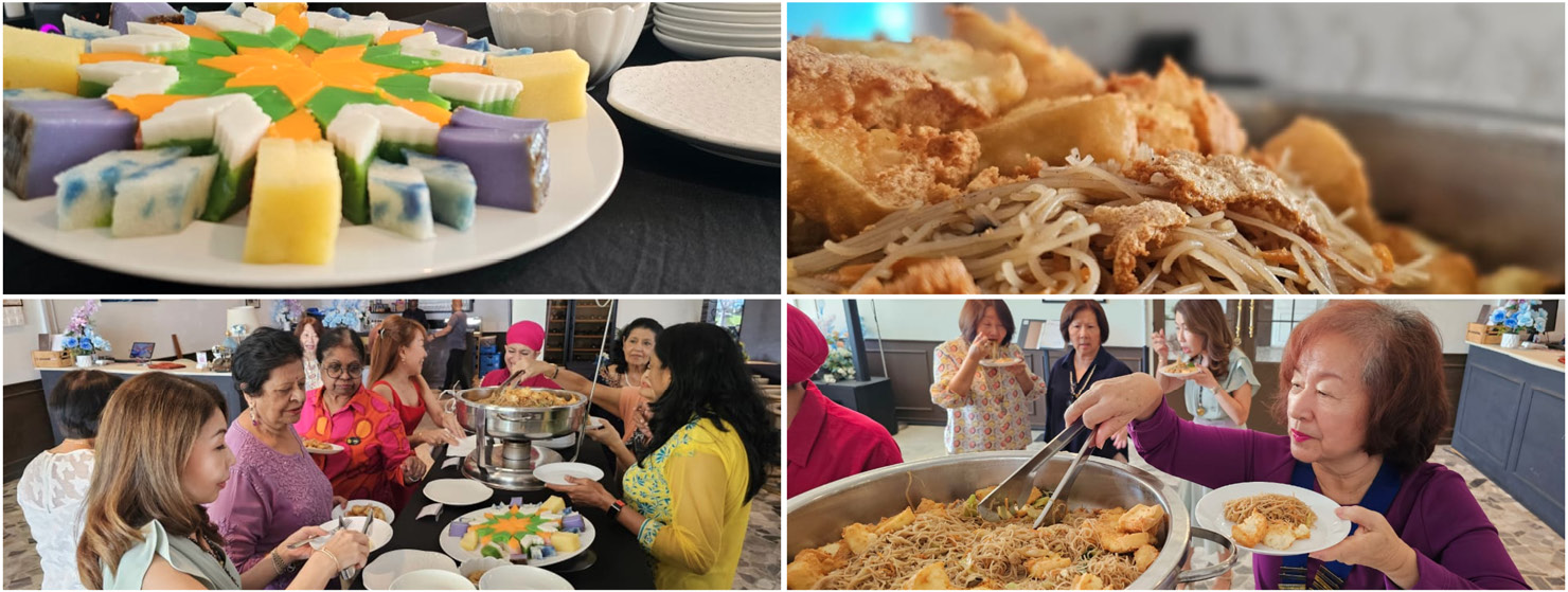 A group of people enjoying a meal together with colorful traditional desserts and a large tray of noodles and fried food being served.
Description generated by AI