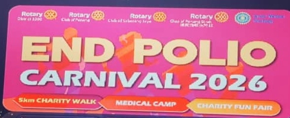 A colorful banner promoting the End Polio Carnival 2026 featuring a 5km charity walk, medical camp, and charity fun fair organized by Rotary clubs.

Description generated by AI