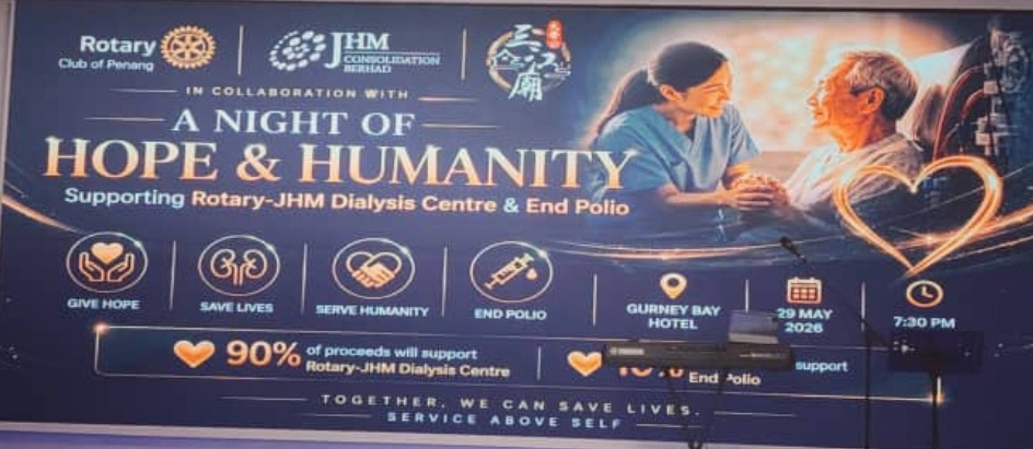 Two adults in medical attire are interacting warmly in a softly lit setting with text promoting a Rotary event supporting dialysis and polio eradication.
Description generated by AI