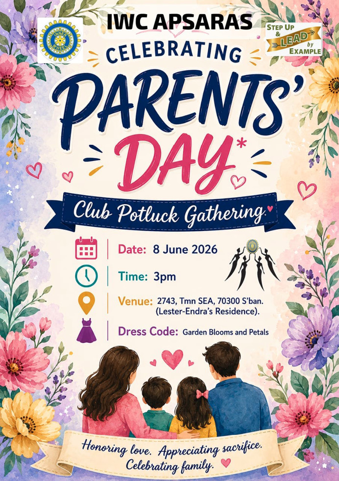 A colorful floral-themed poster announces a Parents' Day club potluck gathering with details about date, time, venue, dress code, and a multigenerational family of four sitting together with hearts above them.
Description generated by AI