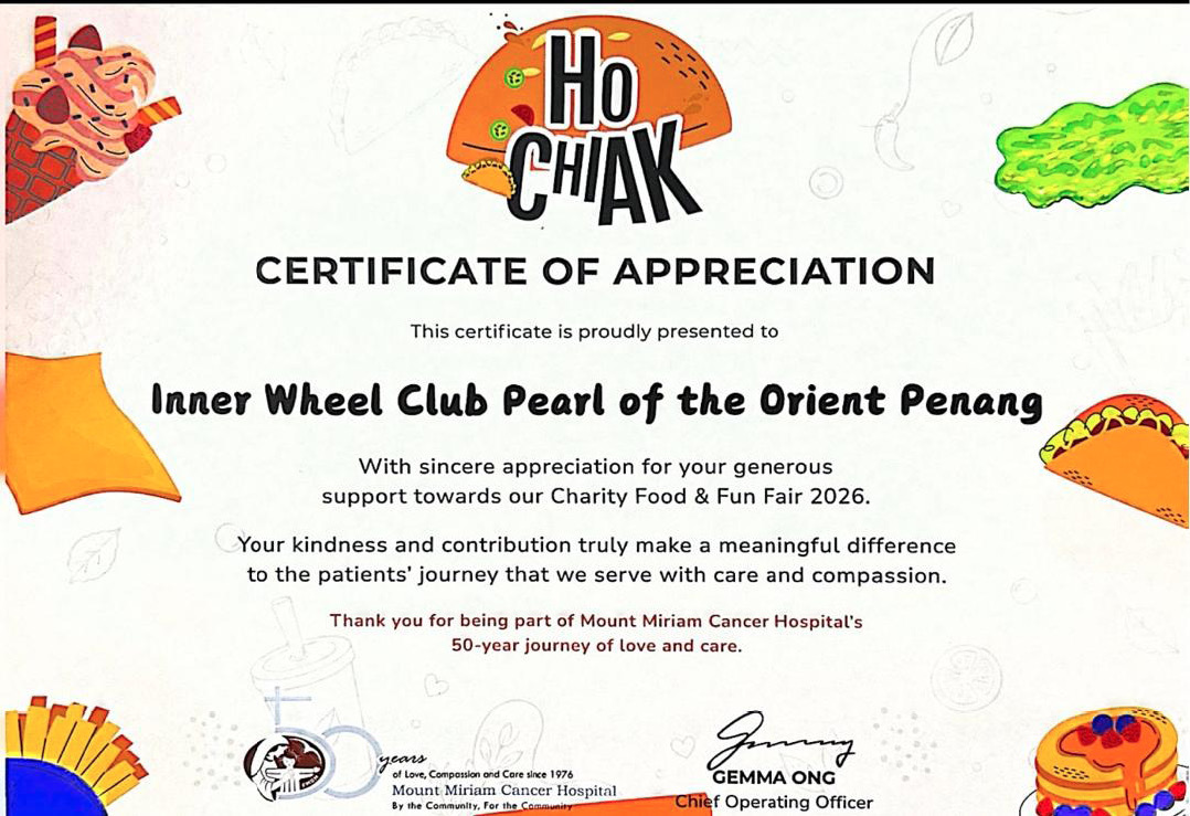 A colorful certificate of appreciation from Ho Chiak is awarded to Inner Wheel Club Pearl of the Orient Penang for their generous support towards a charity food and fun fair in 2026, featuring playful food-themed illustrations around the border.

Description generated by AI