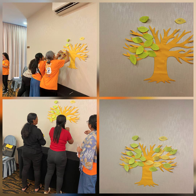 People in a room are collaboratively placing green paper leaves with handwritten notes onto a large yellow paper tree mounted on a wall.
Description generated by AI