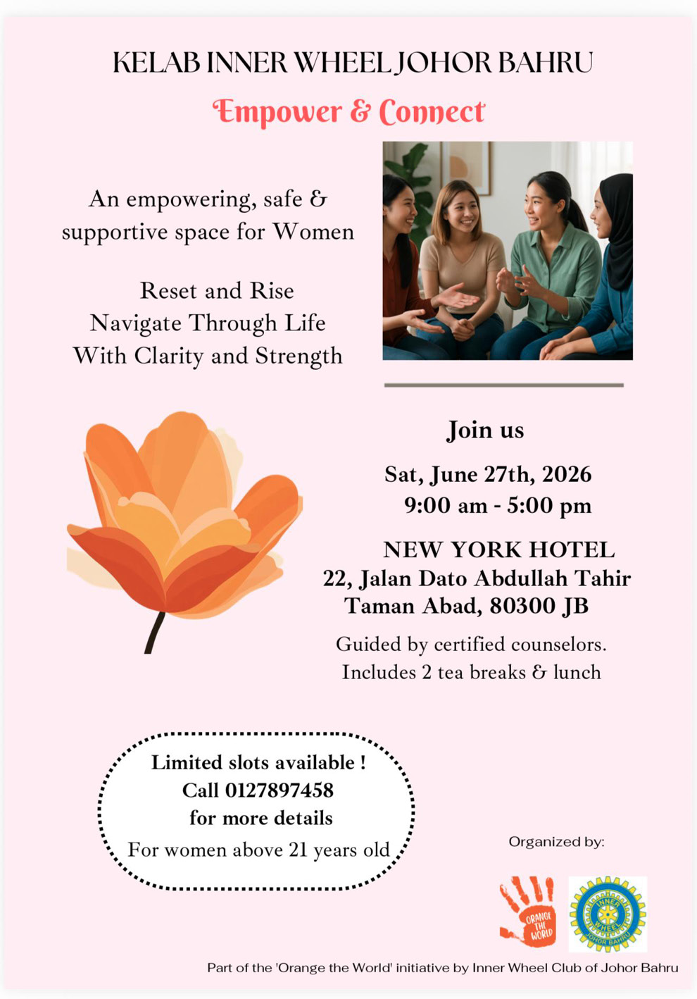 A flyer promoting an empowering and supportive event for adults focused on personal growth and connection, featuring an illustration of a flower and a photo of three adults engaged in conversation.
Description generated by AI